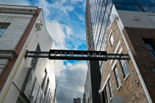 Street sign saying Fish Lane stretching across two old brick buildings, with a vibrant blue sky above.