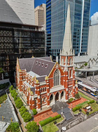 Aerial shot of Albert Street Uniting Church in Brisbane CBD-Brisbane Unexpected-Brisbane Tours-Must Do Brisbane