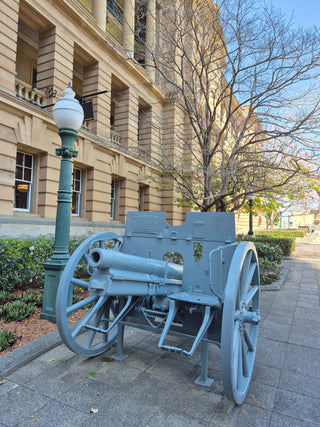 Grey painted Krugg field gun in Queen's Gardens parklands-Brisbane Unexpected-Brisbane Tours-Must Do Brisbane
